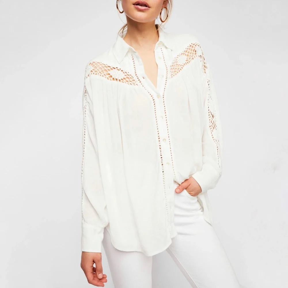NWT Free People Katie Bird Button Shirt in Ivory Size Small